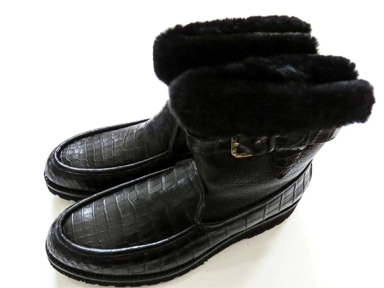stefano ricci Black Crocodile Leather Mink Fur Boots Shoes 11 US 44 Euro 10 UK-0